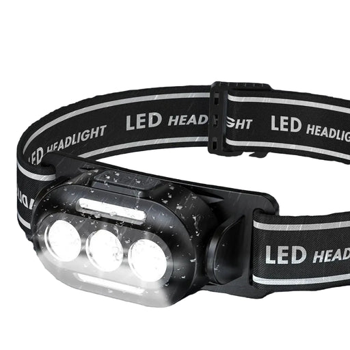 Black LED headlight with three bright lights on a dark background.